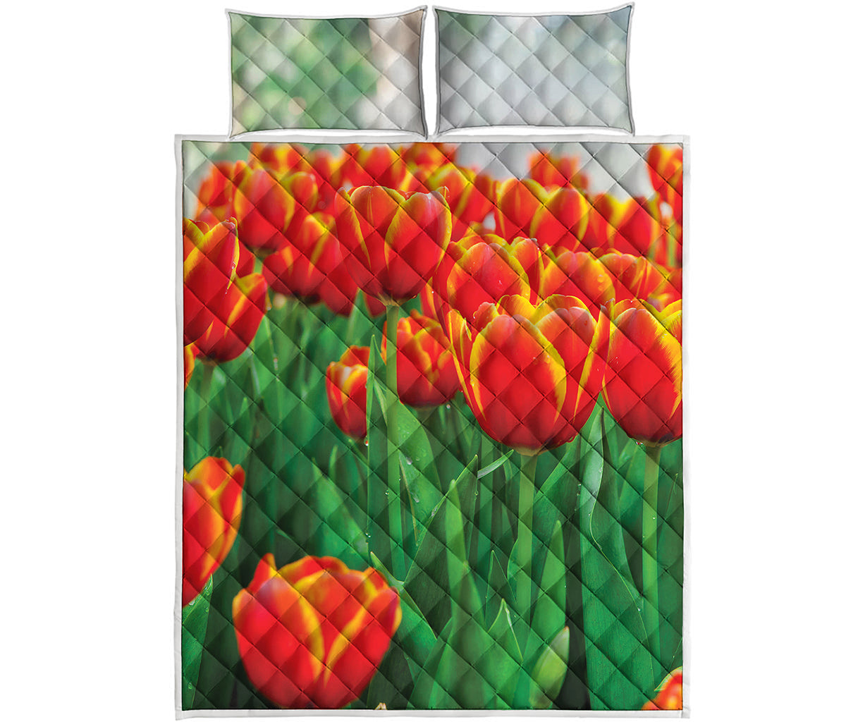 Red And Yellow Tulip Print Quilt Bed Set