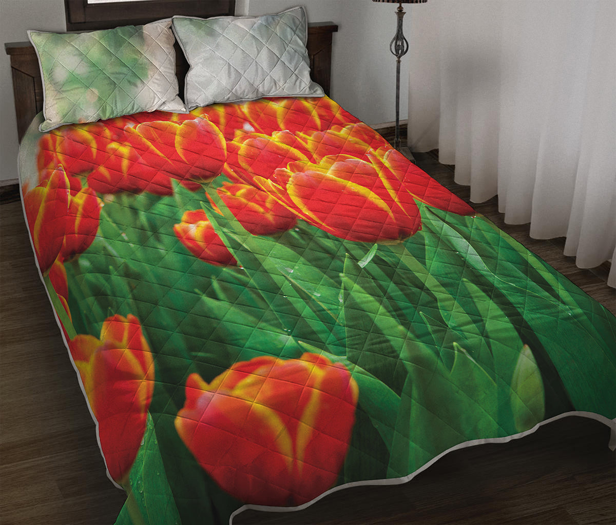 Red And Yellow Tulip Print Quilt Bed Set