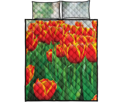 Red And Yellow Tulip Print Quilt Bed Set