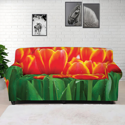 Red And Yellow Tulip Print Sofa Cover