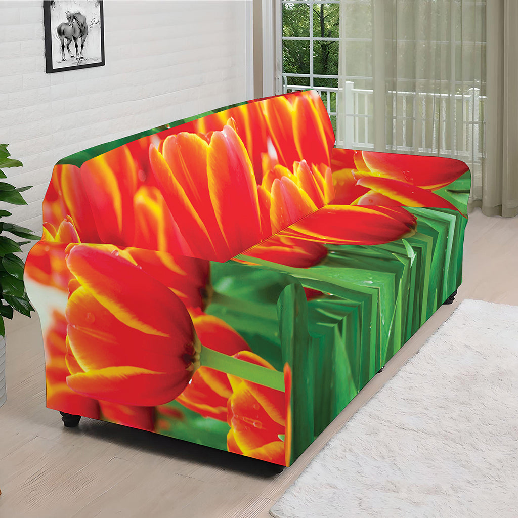 Red And Yellow Tulip Print Sofa Cover