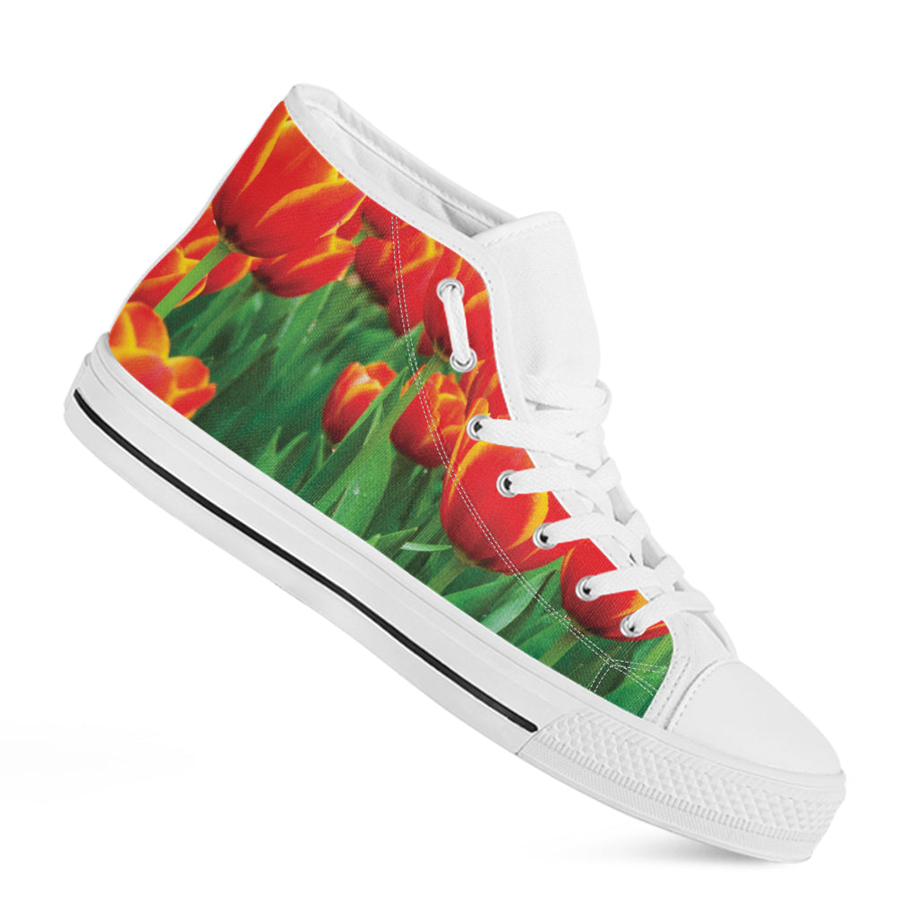 Red And Yellow Tulip Print White High Top Shoes