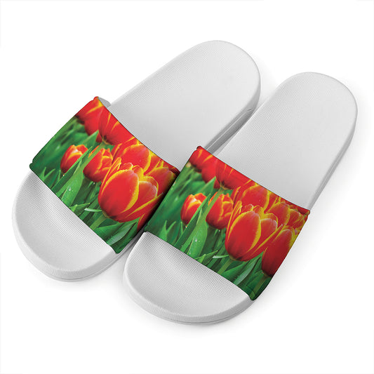 Red And Yellow Tulip Print White Slide Sandals