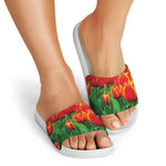 Red And Yellow Tulip Print White Slide Sandals