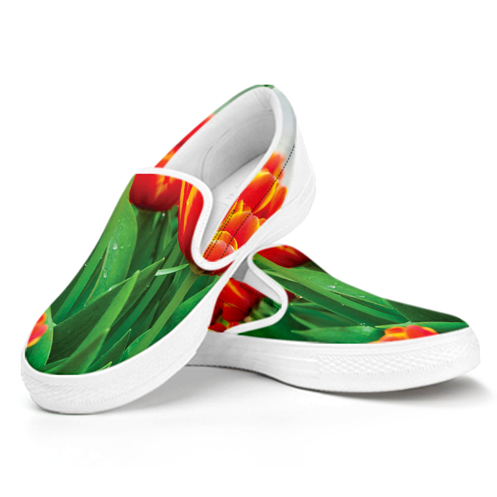Red And Yellow Tulip Print White Slip On Shoes