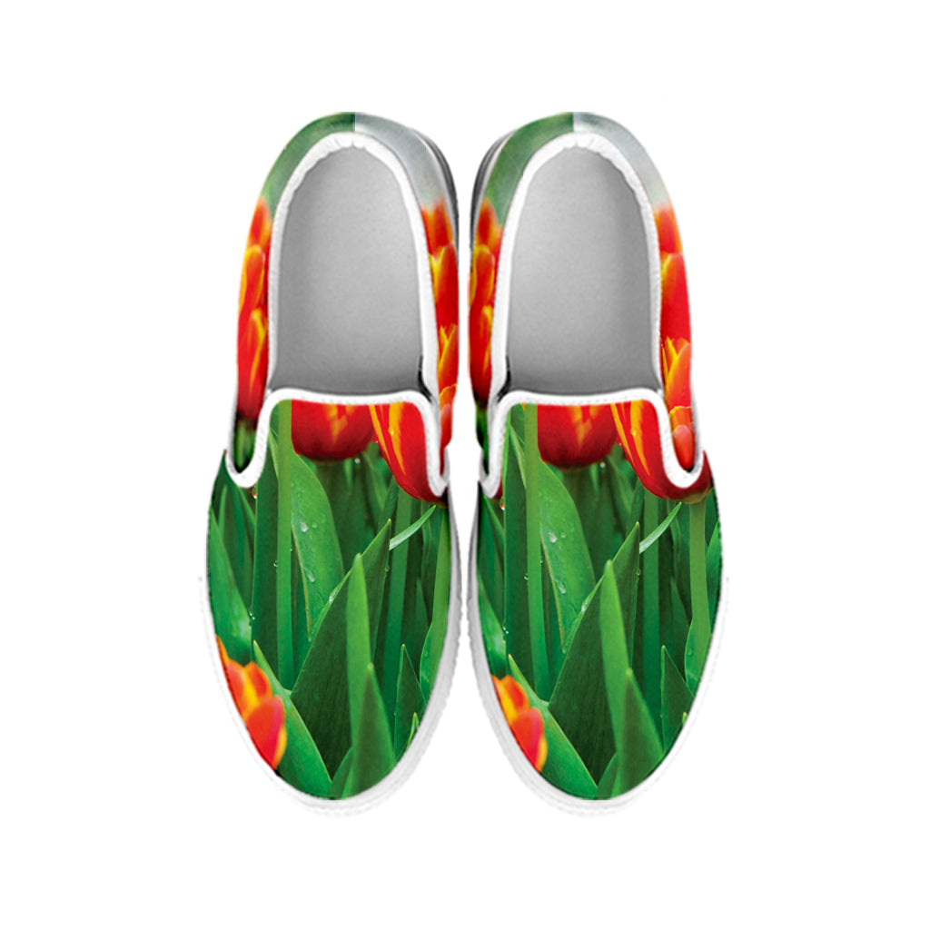 Red And Yellow Tulip Print White Slip On Shoes