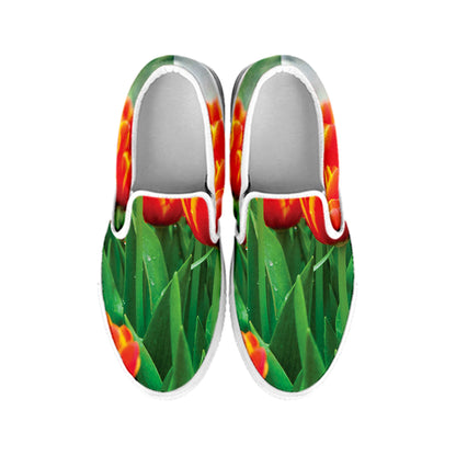 Red And Yellow Tulip Print White Slip On Shoes