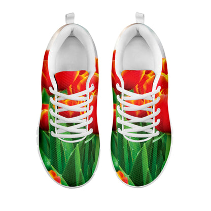 Red And Yellow Tulip Print White Sneakers