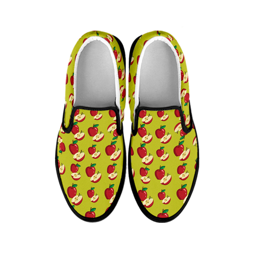 Red Apple Fruit Pattern Print Black Slip On Shoes