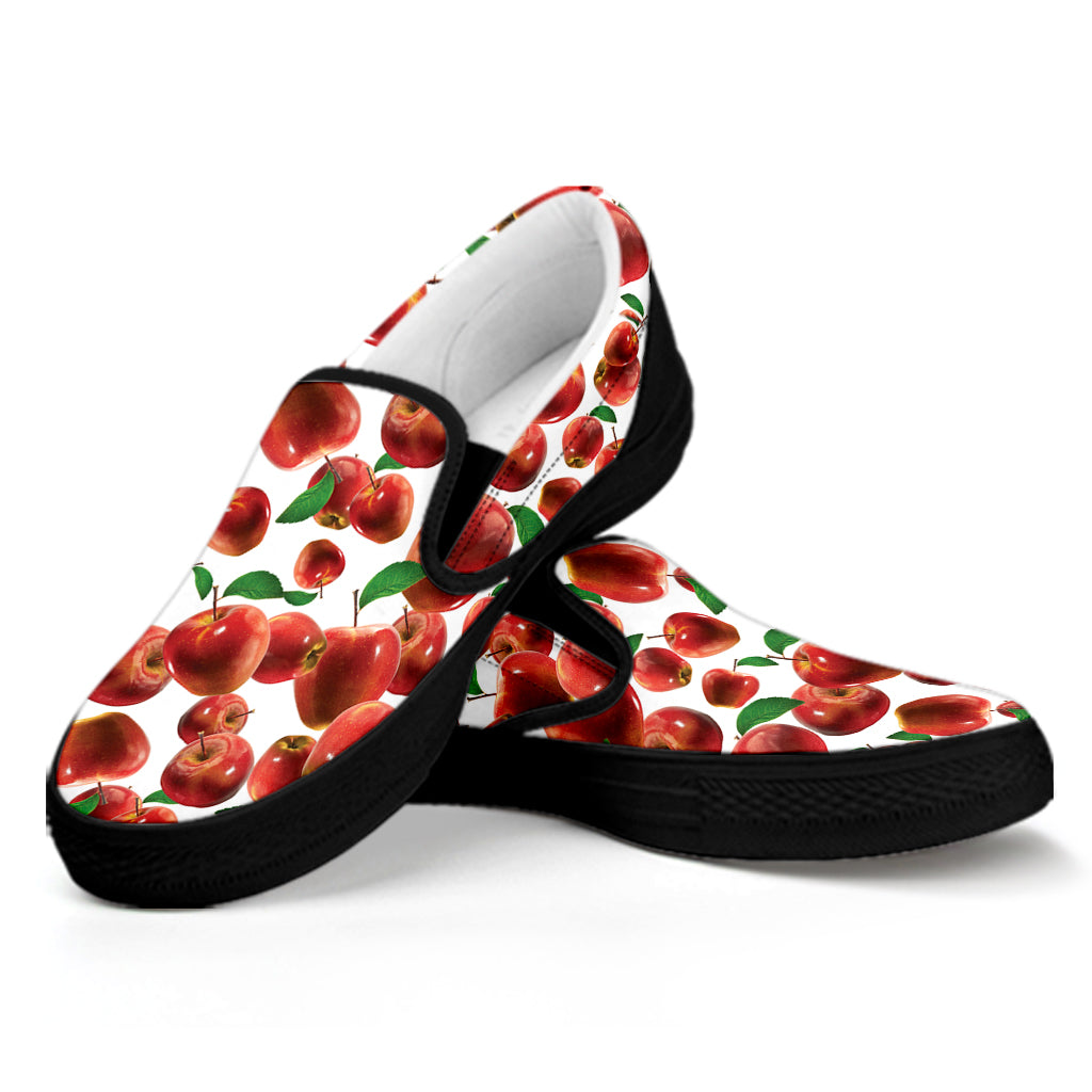 Red Apple Pattern Print Black Slip On Shoes