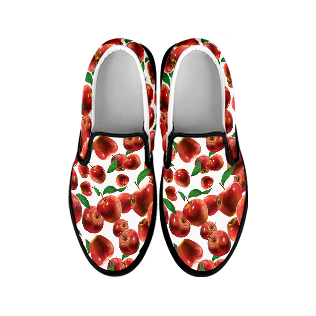 Red Apple Pattern Print Black Slip On Shoes