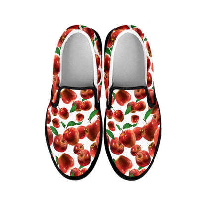 Red Apple Pattern Print Black Slip On Shoes