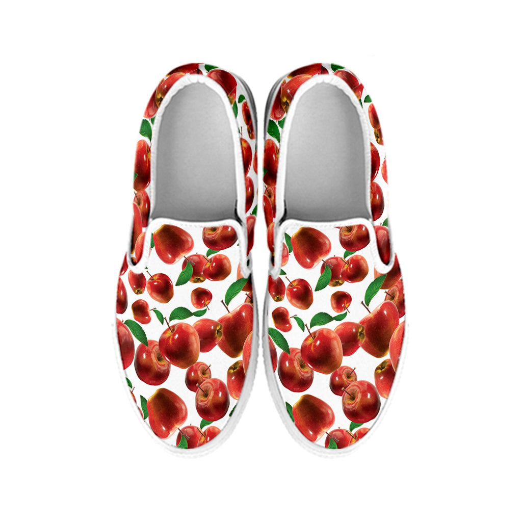 Red Apple Pattern Print White Slip On Shoes
