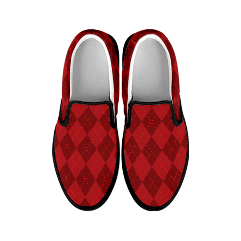 Red Argyle Pattern Print Black Slip On Shoes