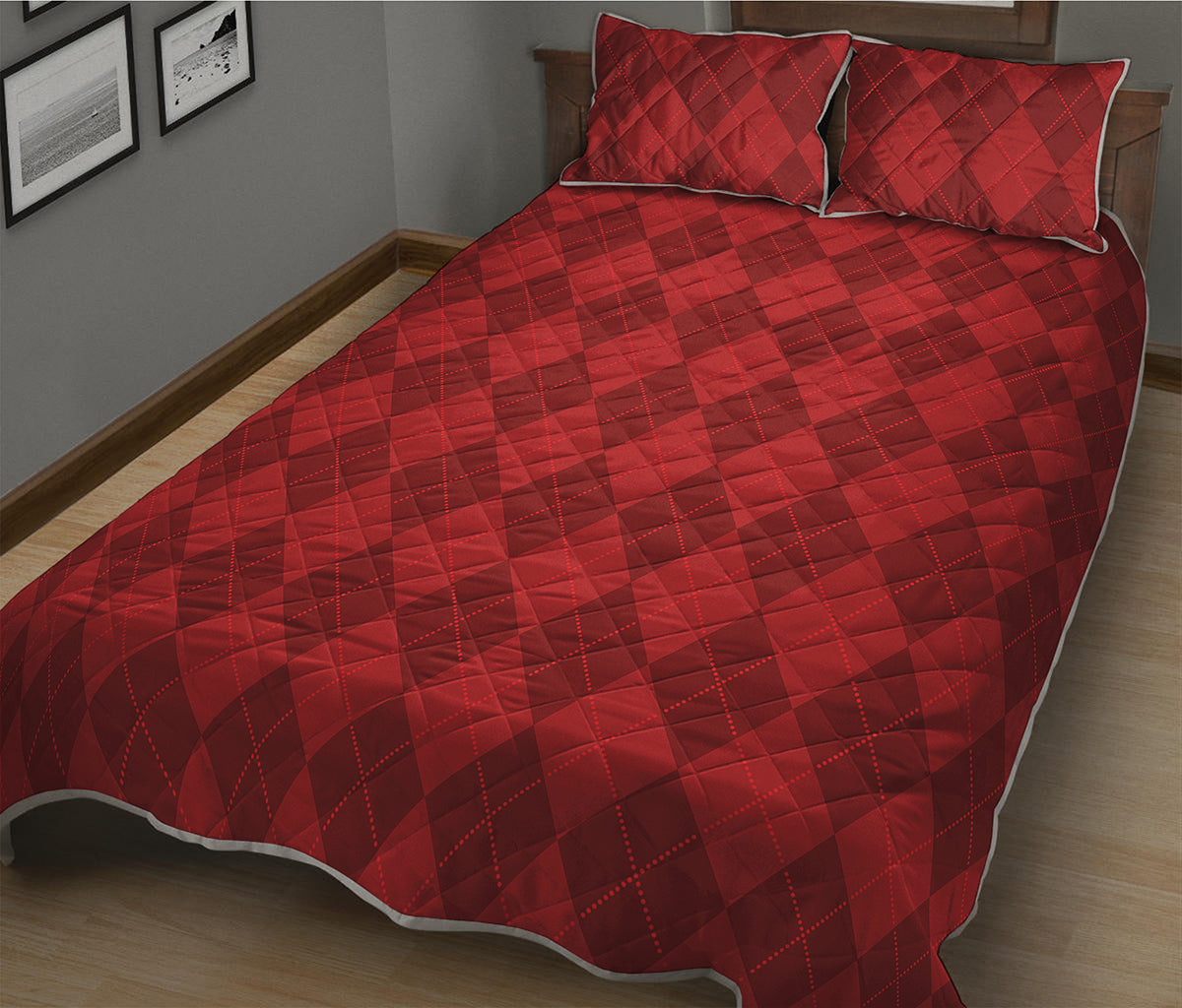 Red Argyle Pattern Print Quilt Bed Set