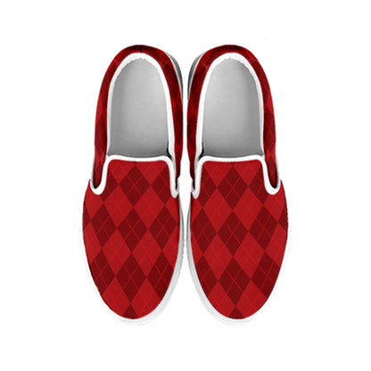 Red Argyle Pattern Print White Slip On Shoes