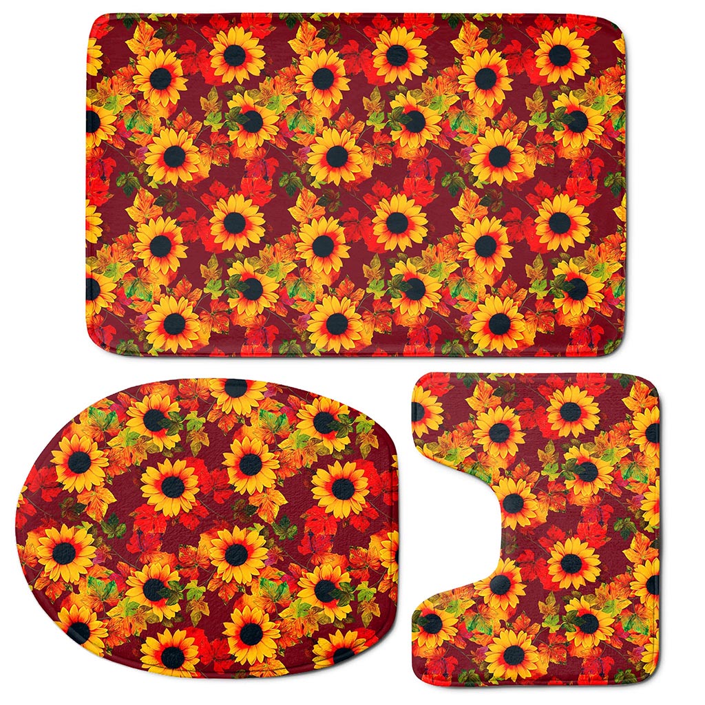 Red Autumn Sunflower Pattern Print 3 Piece Bath Mat Set