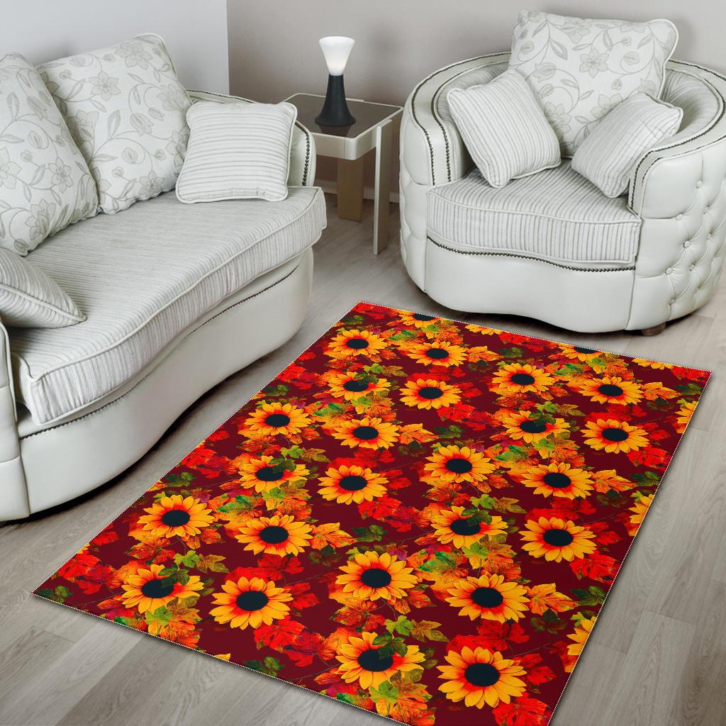 Red Autumn Sunflower Pattern Print Area Rug GearFrost