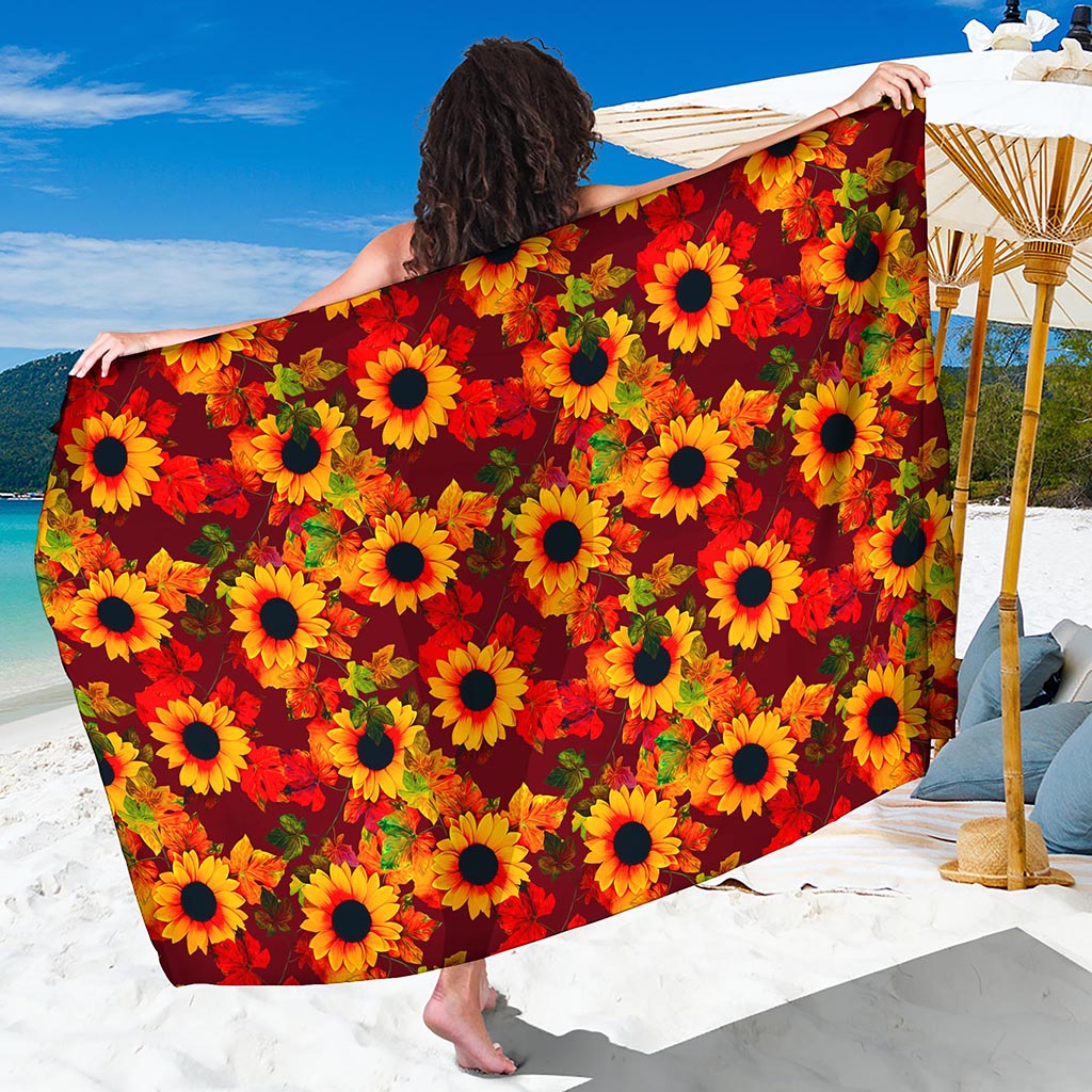 Red Autumn Sunflower Pattern Print Beach Sarong Wrap