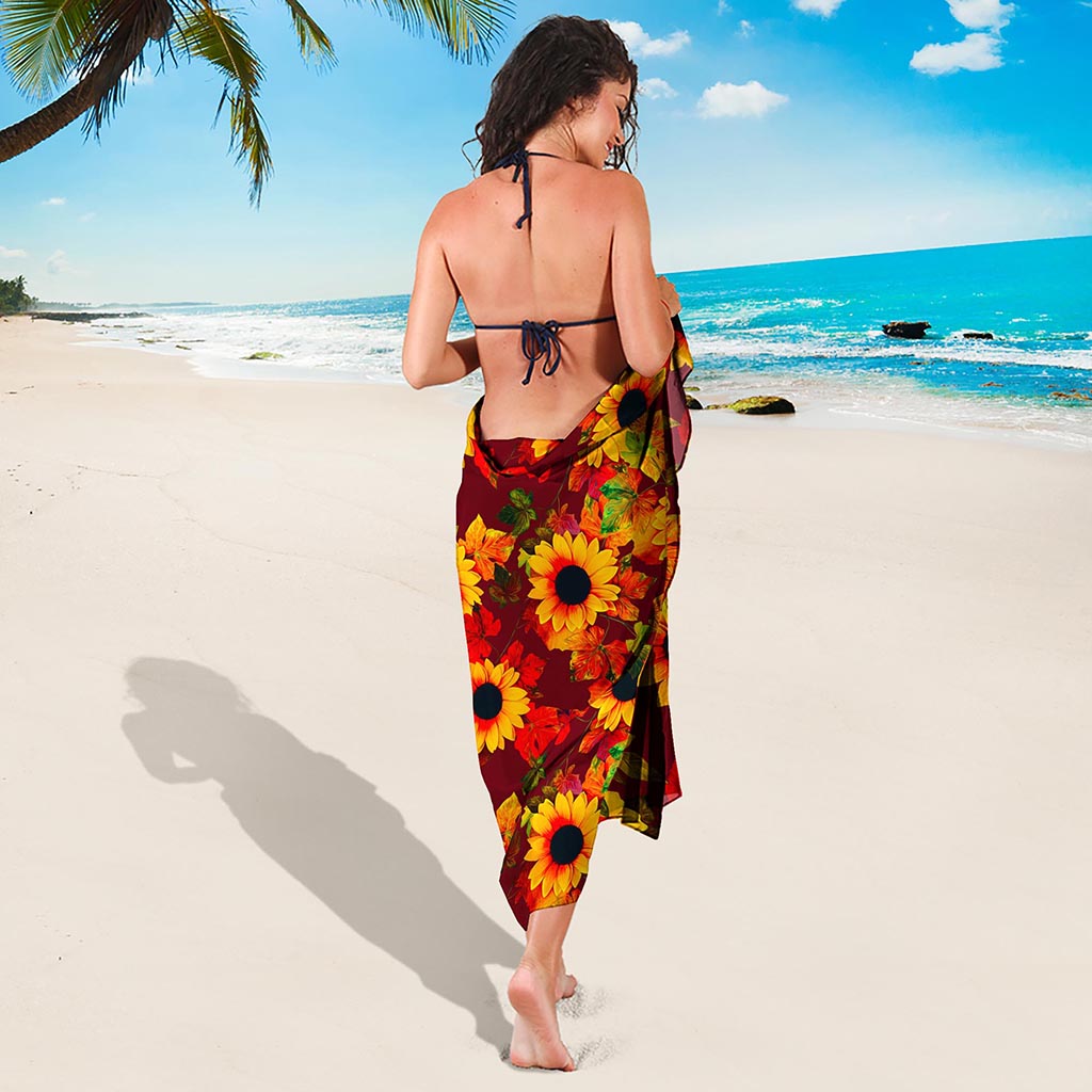 Red Autumn Sunflower Pattern Print Beach Sarong Wrap