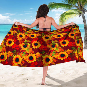 Red Autumn Sunflower Pattern Print Beach Sarong Wrap