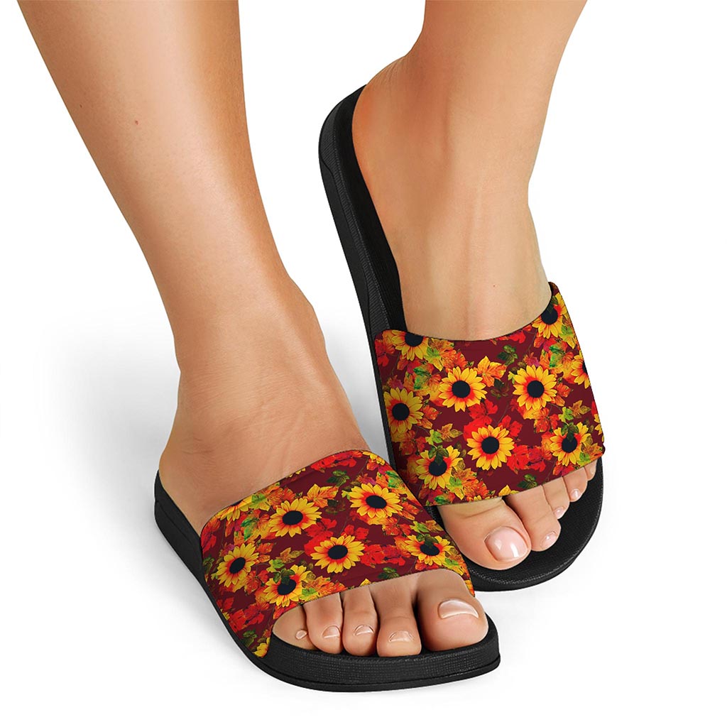 Red Autumn Sunflower Pattern Print Black Slide Sandals