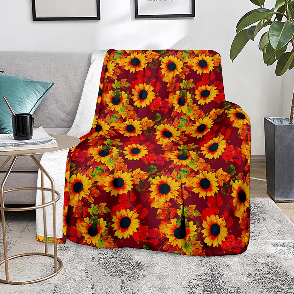 Red Autumn Sunflower Pattern Print Blanket