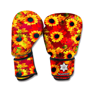 Red Autumn Sunflower Pattern Print Boxing Gloves