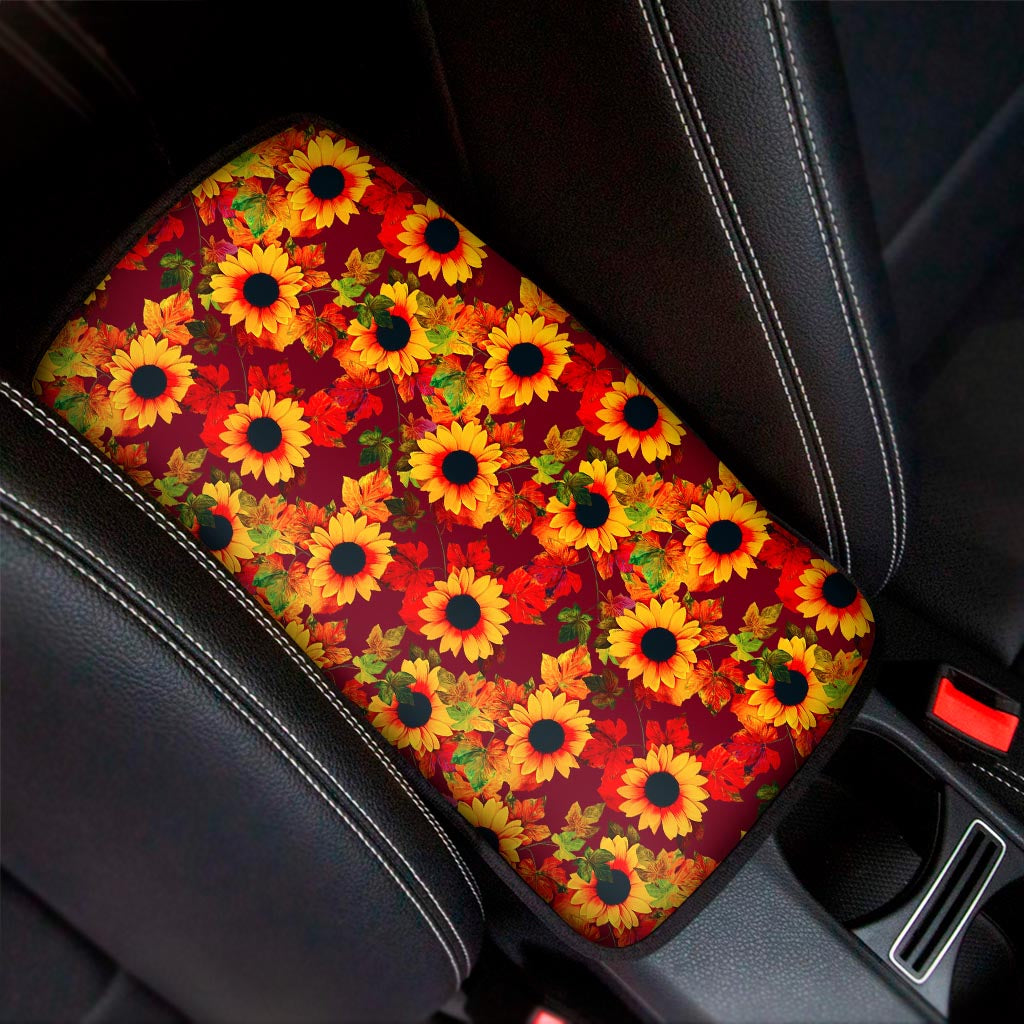 Red Autumn Sunflower Pattern Print Car Center Console Cover