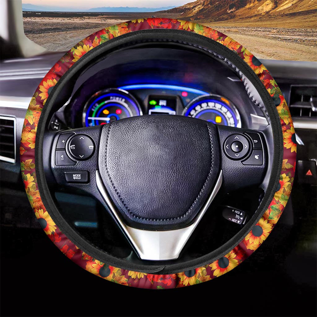 Red Autumn Sunflower Pattern Print Car Steering Wheel Cover