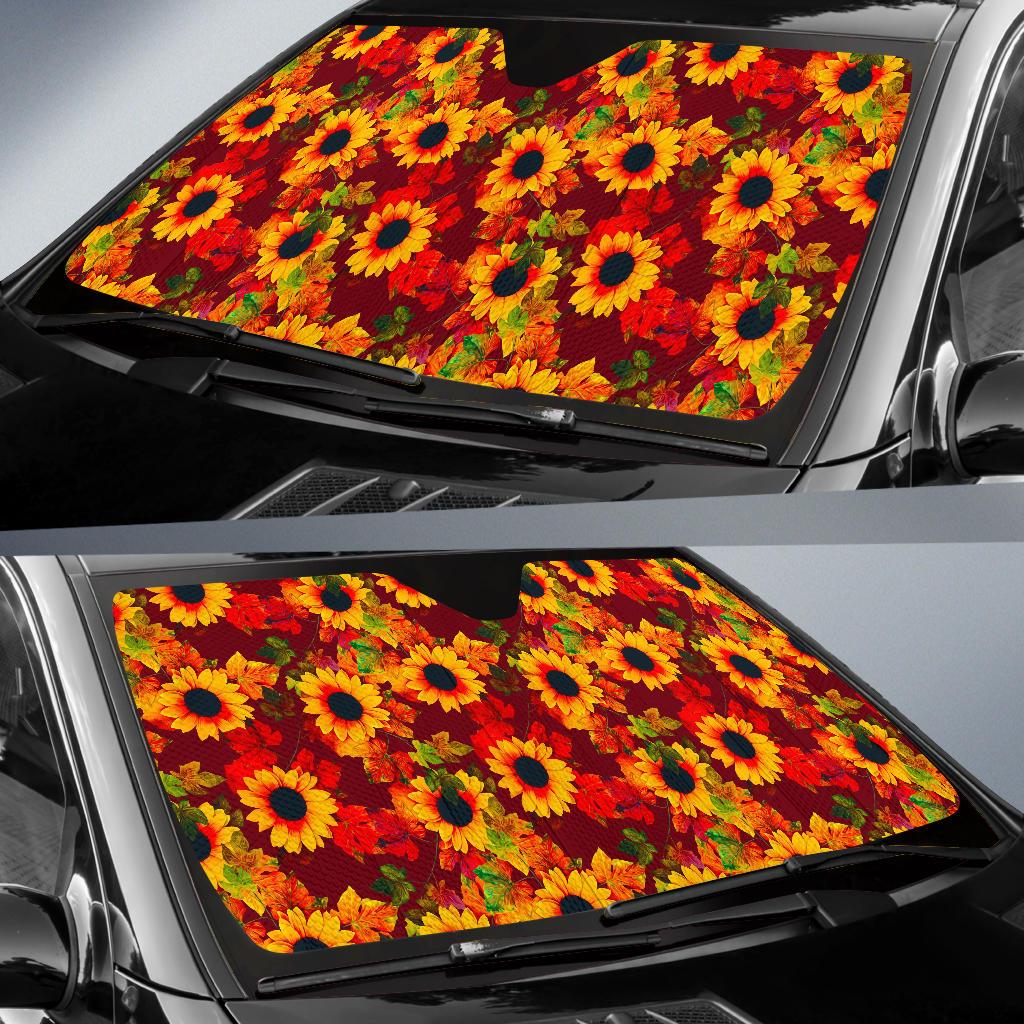 Red Autumn Sunflower Pattern Print Car Sun Shade GearFrost