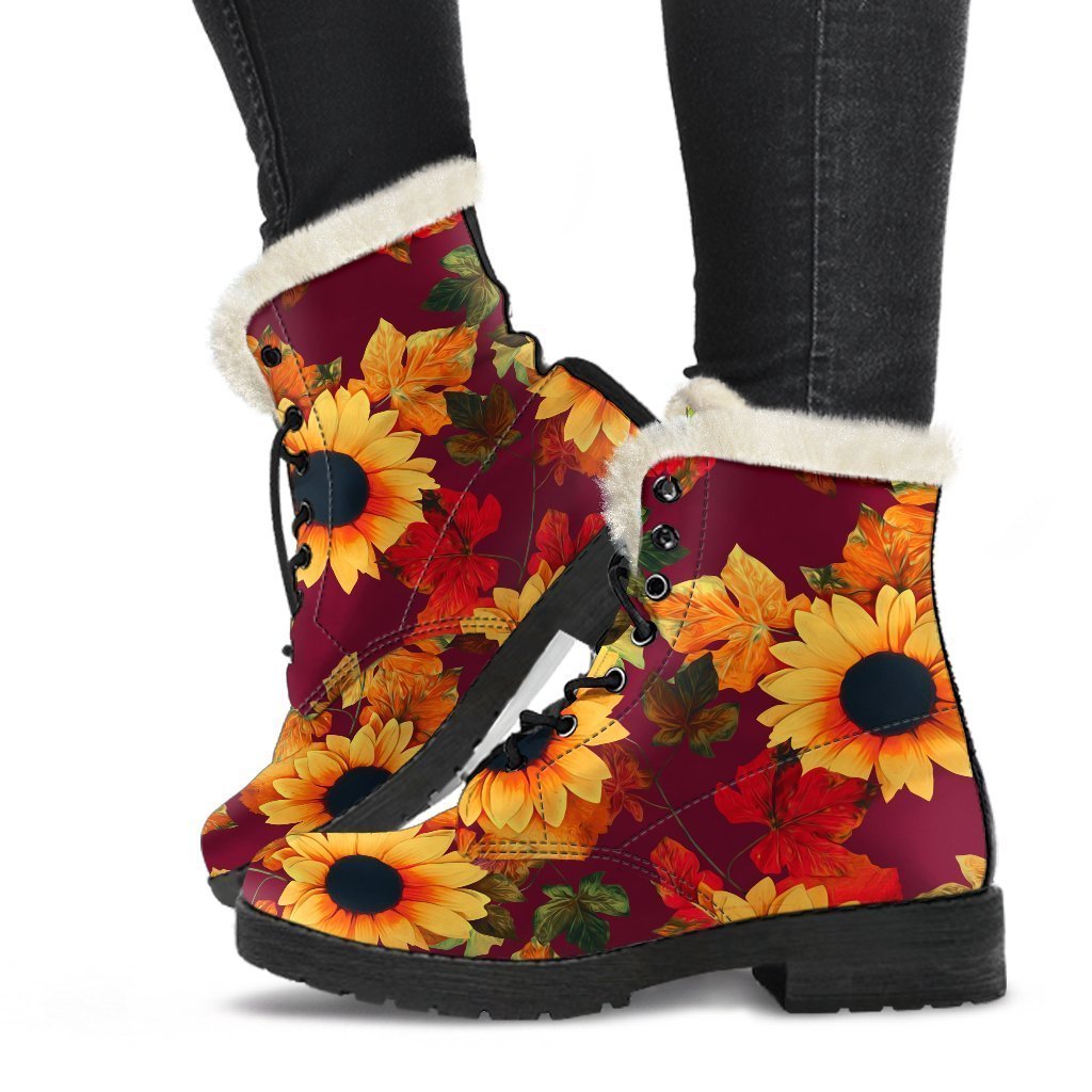 Red Autumn Sunflower Pattern Print Comfy Boots GearFrost