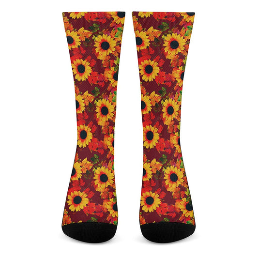 Red Autumn Sunflower Pattern Print Crew Socks