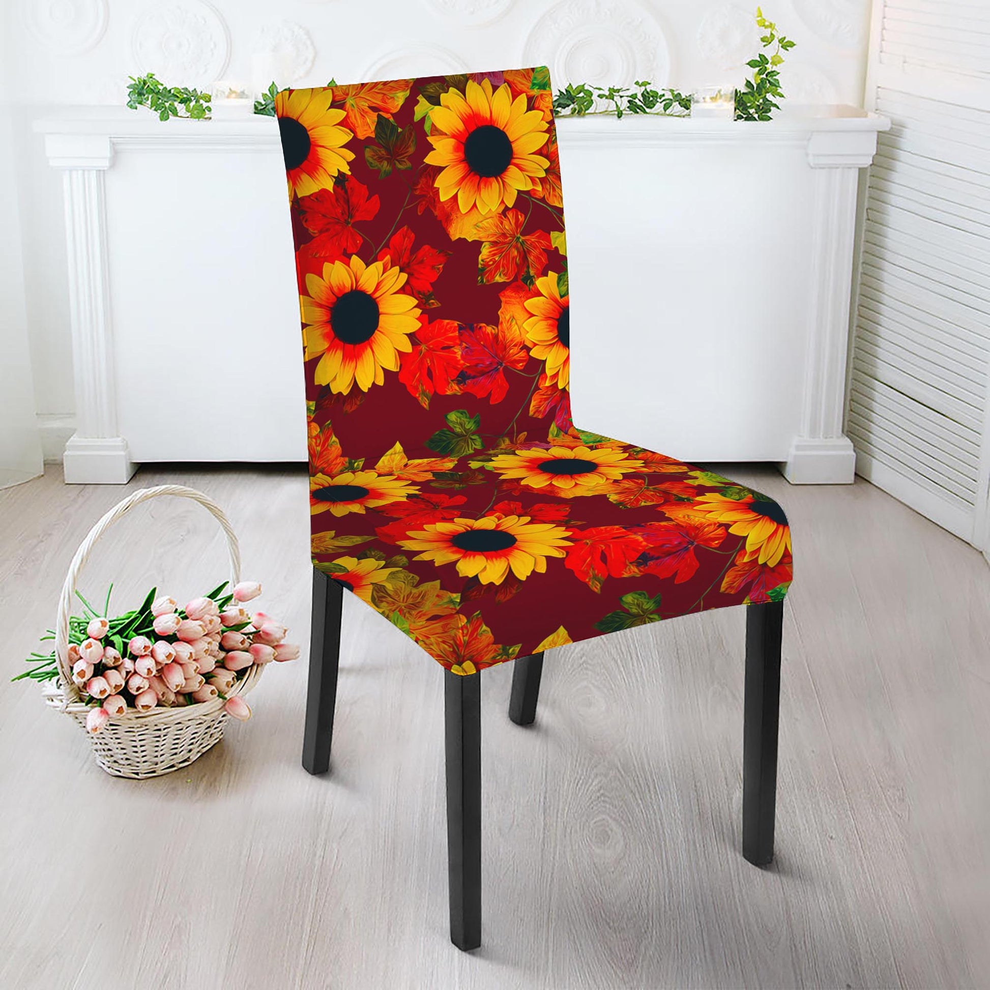 Red Autumn Sunflower Pattern Print Dining Chair Slipcover