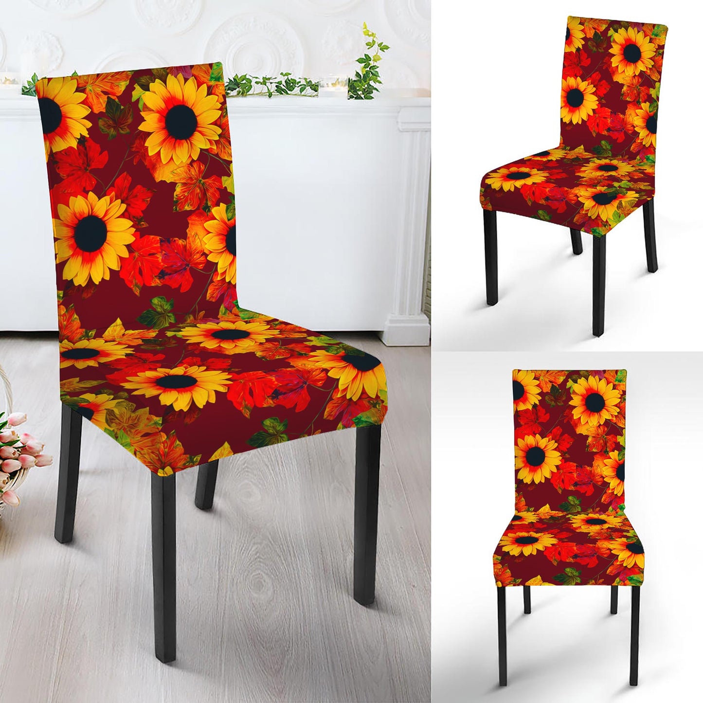 Red Autumn Sunflower Pattern Print Dining Chair Slipcover