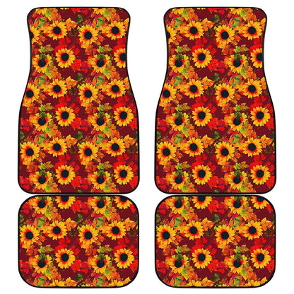 Red Autumn Sunflower Pattern Print Front and Back Car Floor Mats