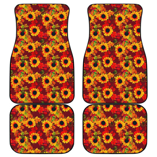 Red Autumn Sunflower Pattern Print Front and Back Car Floor Mats