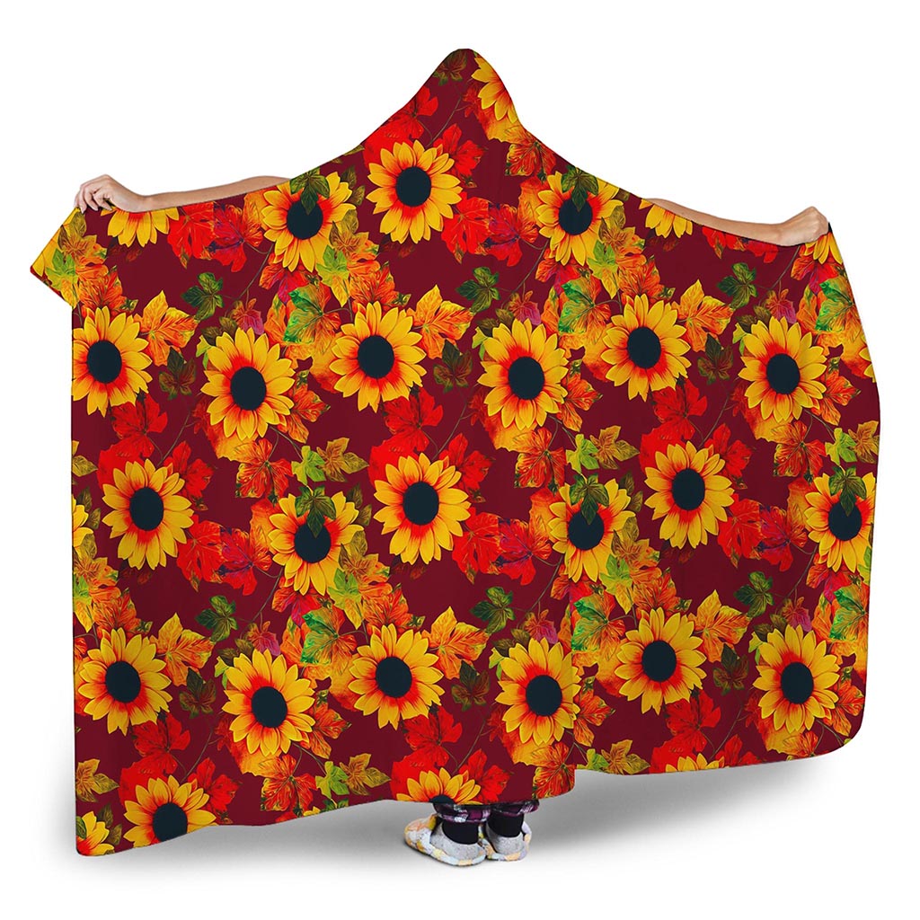 Red Autumn Sunflower Pattern Print Hooded Blanket
