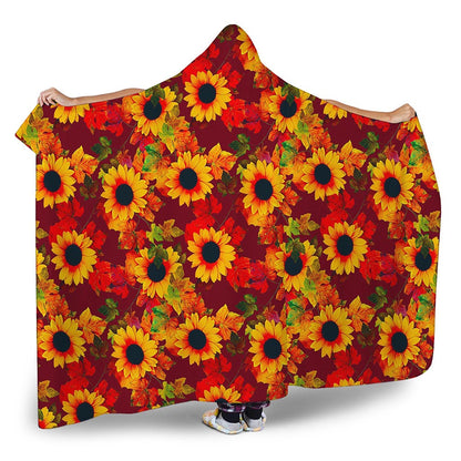 Red Autumn Sunflower Pattern Print Hooded Blanket