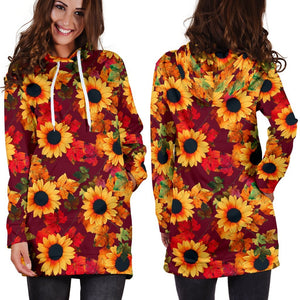 Red Autumn Sunflower Pattern Print Hoodie Dress GearFrost