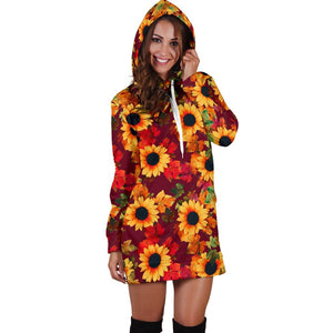 Red Autumn Sunflower Pattern Print Hoodie Dress GearFrost