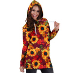 Red Autumn Sunflower Pattern Print Hoodie Dress GearFrost