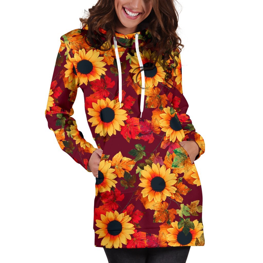 Red Autumn Sunflower Pattern Print Hoodie Dress GearFrost