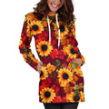 Red Autumn Sunflower Pattern Print Pullover Hoodie Dress