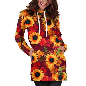 Red Autumn Sunflower Pattern Print Hoodie Dress GearFrost