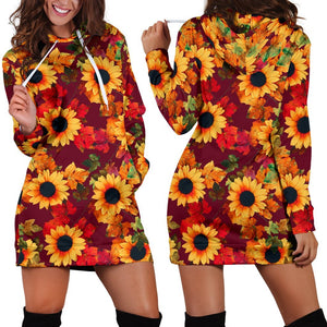 Red Autumn Sunflower Pattern Print Hoodie Dress GearFrost