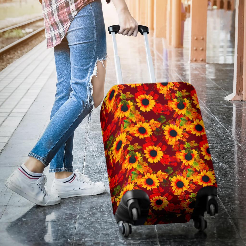 Red Autumn Sunflower Pattern Print Luggage Cover GearFrost