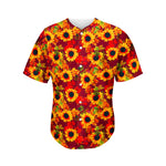 Red Autumn Sunflower Pattern Print Men's Baseball Jersey