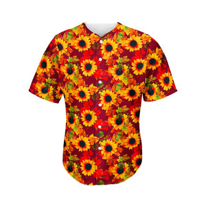 Red Autumn Sunflower Pattern Print Men's Baseball Jersey