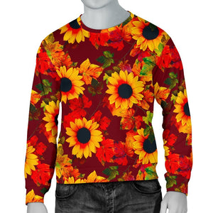 Red Autumn Sunflower Pattern Print Men's Crewneck Sweatshirt GearFrost